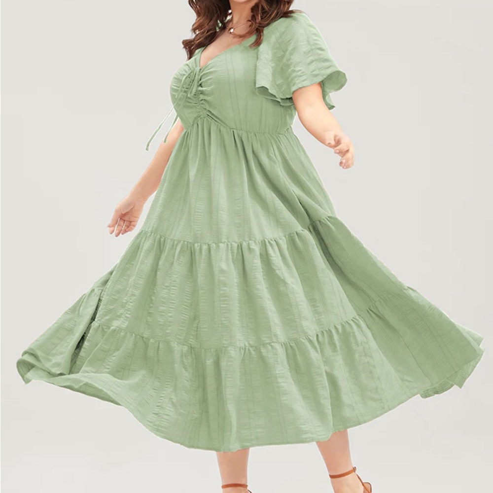 Plain Ruched Drawstring Pocket Ruffle Tiered Dress - Picture 3 of 8